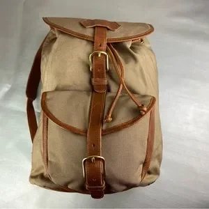 Vintage tan canvas and leather trim large adjustable strap backpack unisex Large Canvas Backpack With Canvas Flap and Leather Trim  main image 4